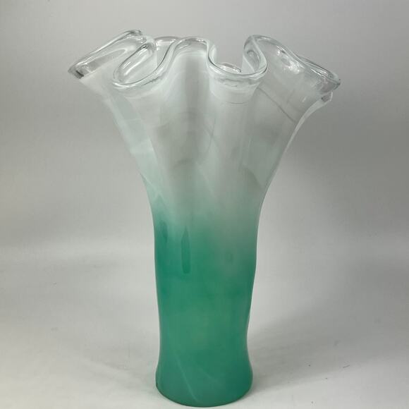 Murano Art Glass Vase Encased Green White Swirl Ruffled Rim 16" Italian Blown - Picture 5 of 16